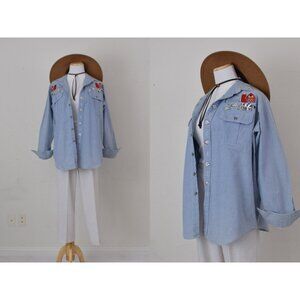 Vintage 80s/90s Blue Denim Embroidered Shirt Shacket | size M‎